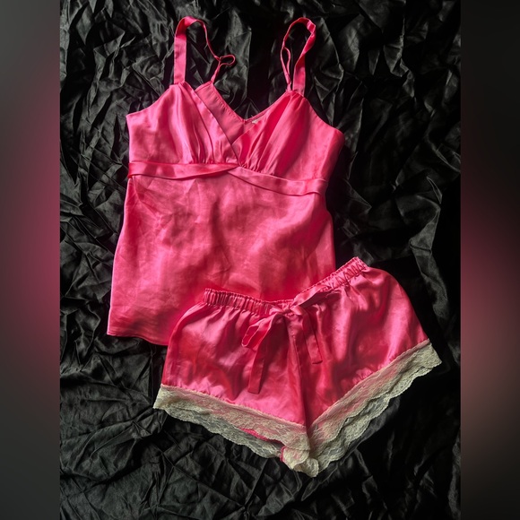 Hot Pink Satin Pajama Set | Lace Trim Lingerie Sleepwear Coquette - Picture 1 of 3